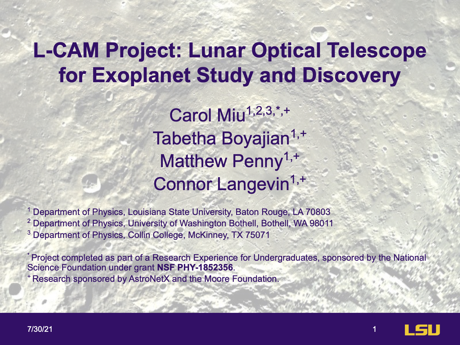 L-CAM Lunar Optical Telescope for Exoplanet Study and Discovery Poster